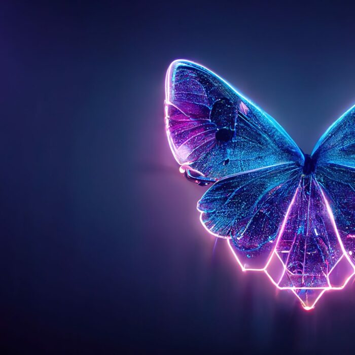 A digital butterfly in a futuristic polygonal style on a blue ba