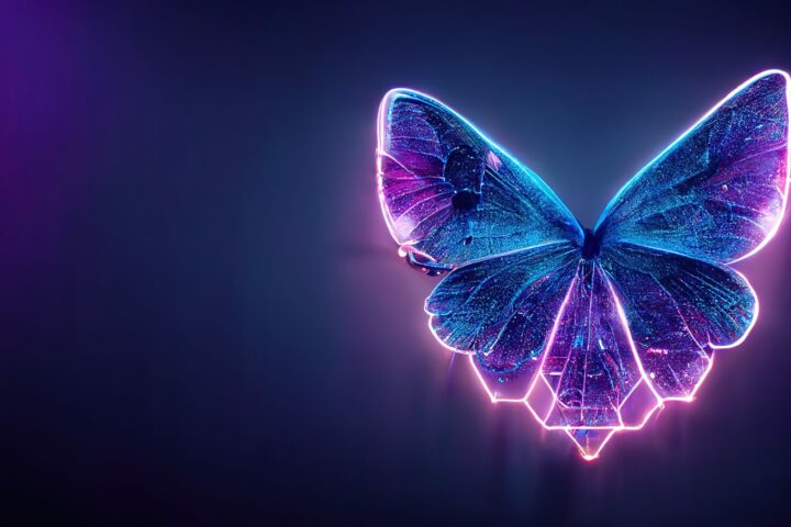 A digital butterfly in a futuristic polygonal style on a blue ba