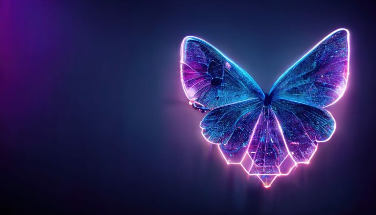 A digital butterfly in a futuristic polygonal style on a blue ba